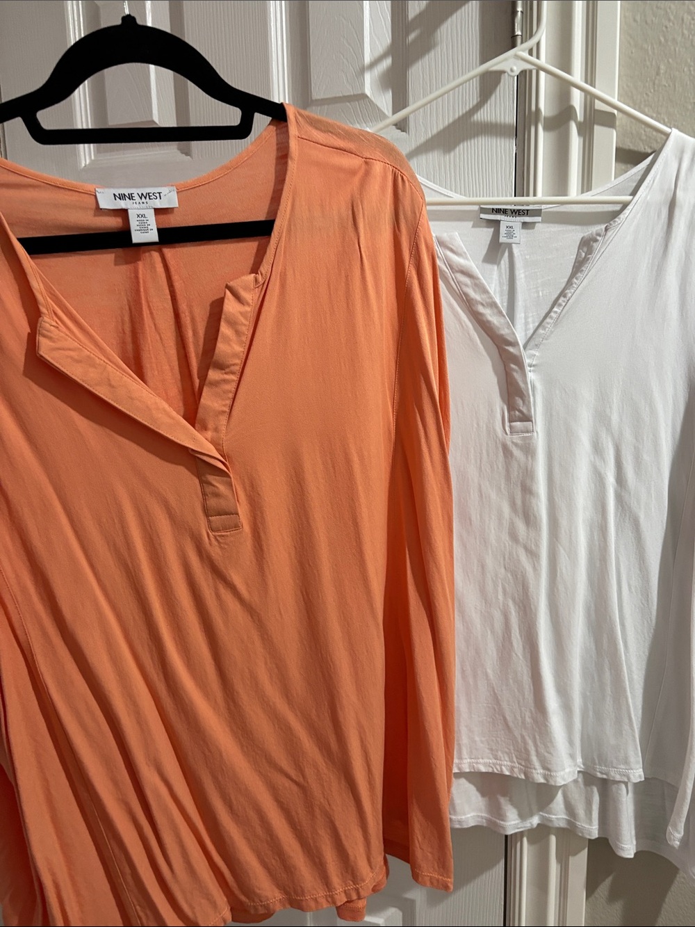 Nine West Women's Apricot Orange and White short sleeve V-Neck Tops- set of two